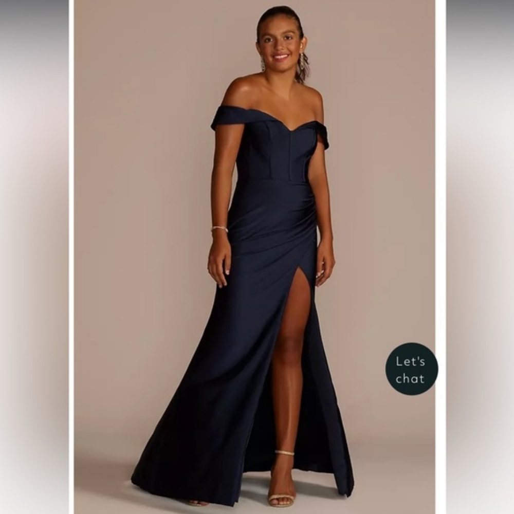 Jules and Cleo Elegant Off-Shoulder Navy Blue Side Slit Maxi Dress Size 4